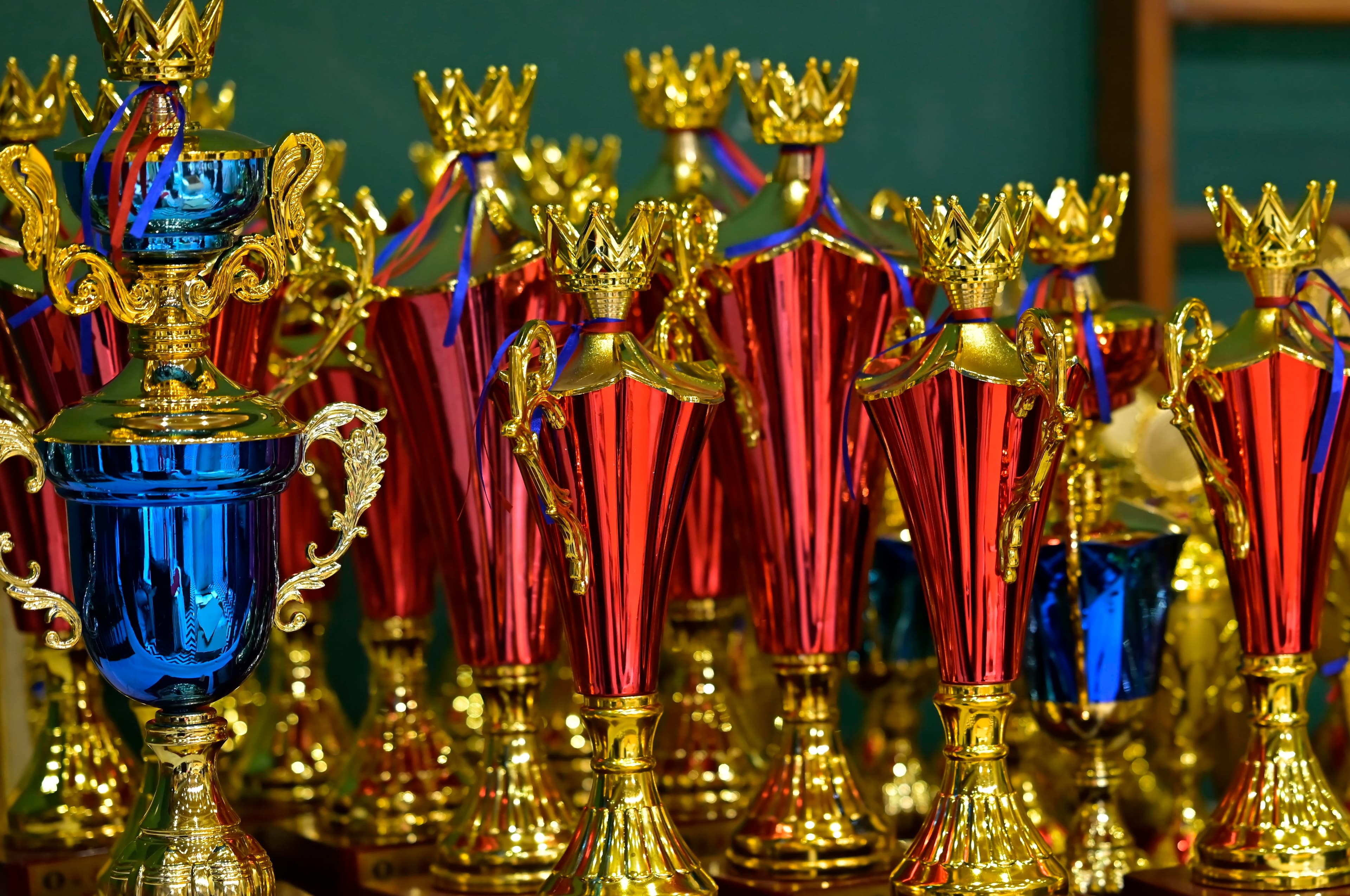 Cropped view of tournament trophies arranged for chess winners